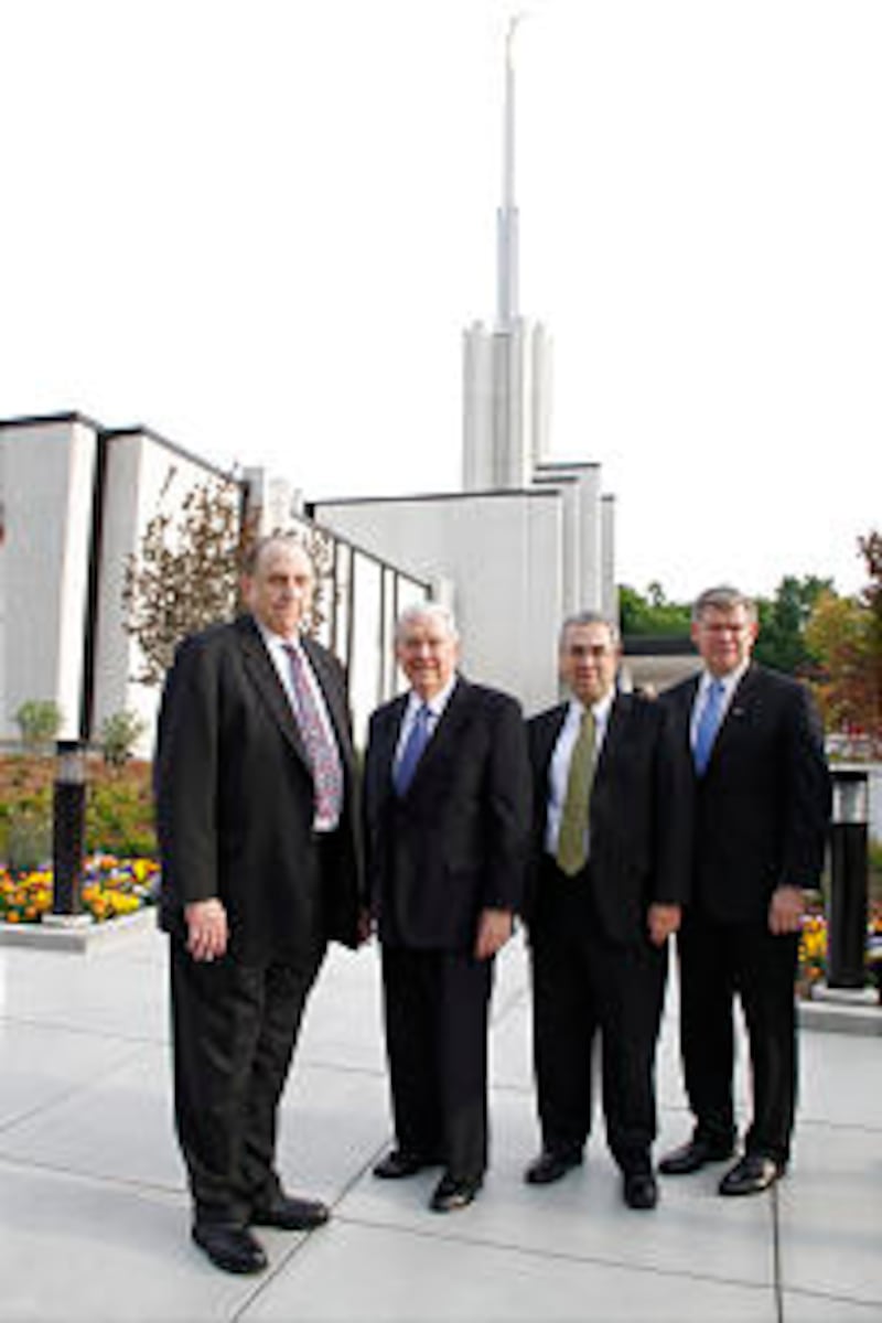 With President Thomas S. Monson, left, at the dedication of the Atlanta Georgia Temple are Elder M.