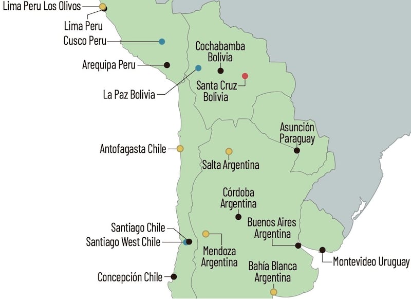 Map of Latter-day Saint temple sites in southern and western South America