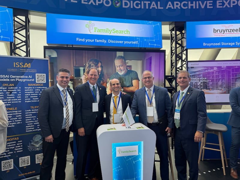 Elder Mark A. Bragg, General Authority Seventy, second from left, stands with representatives from FamilySearch International during the III Congress of Archivists: Digital Archive Expo (DA-EXPO) held June 8-12, 2026, in Astana, Kazakhstan.