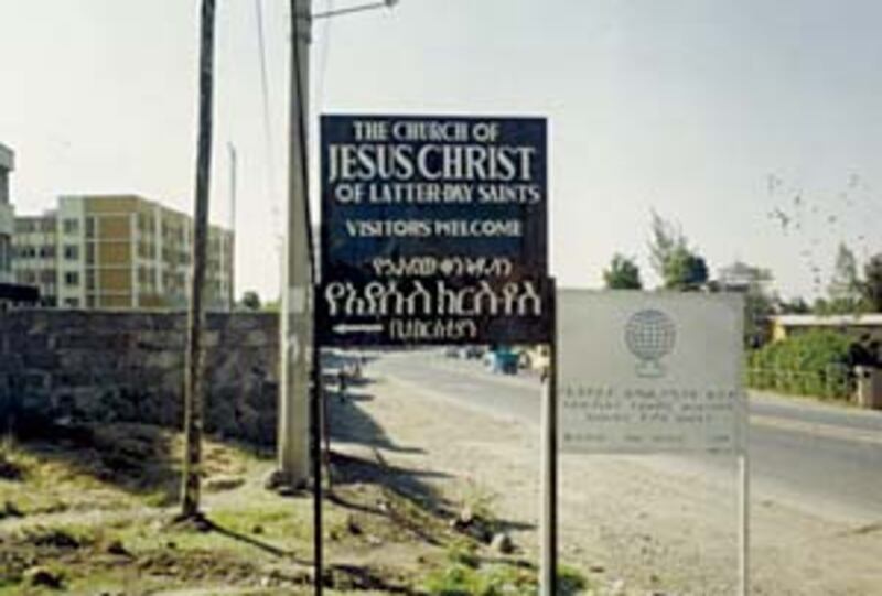 Meetinghouse sign welcomes visitors to the Church. There are 507 members in three branches in Ethiop