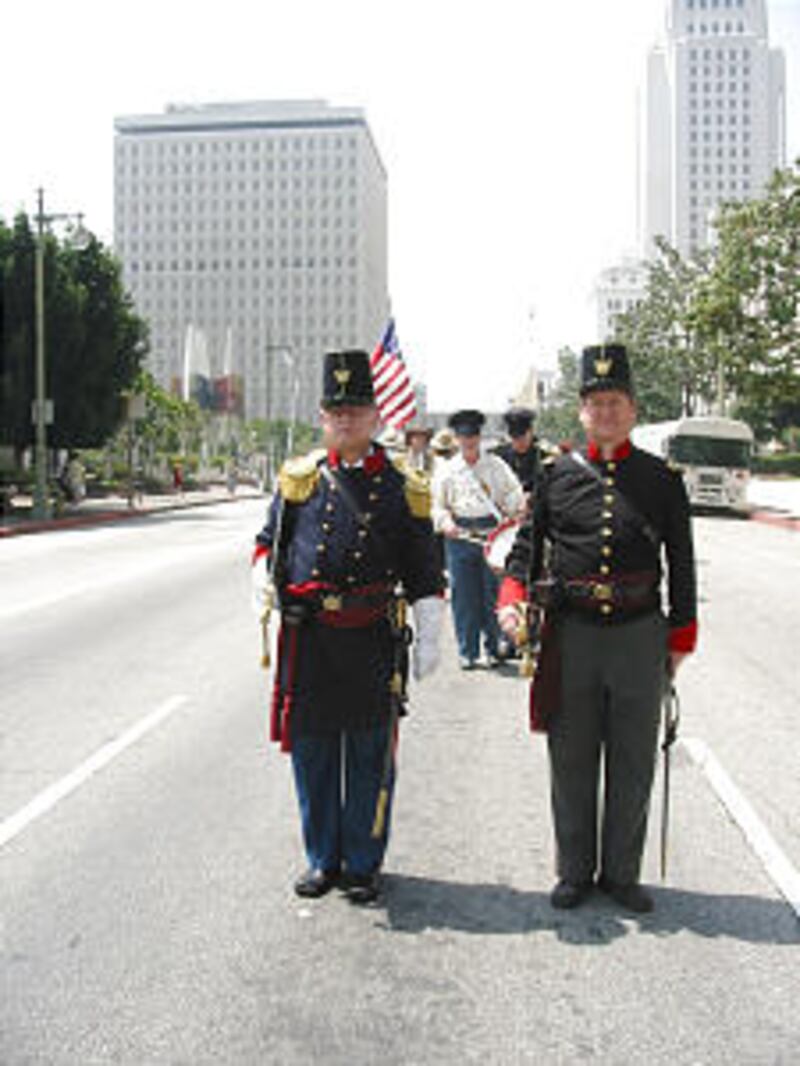 Mormon Battalion marches from Los Angeles City Hall at Olvera Street 75th Anniversary celebration.