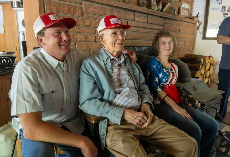 President Dallin H. Oaks, center, sits with his sister, Evelyn Oaks Moody, right, and Elder Ryan K. Olsen, a General Authority Seventy, at a family reunion on Saturday, July 4, 2026, in Joe's Valley, Utah.