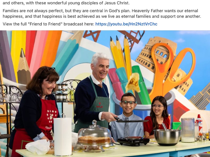 Elder Gérald Caussé of the Quorum of the Twelve Apostles and his wife, Sister Valérie Caussé, demonstrate how to make crêpes during the Friend to Friend broadcast, in a social media post on Sept. 13, 2026.