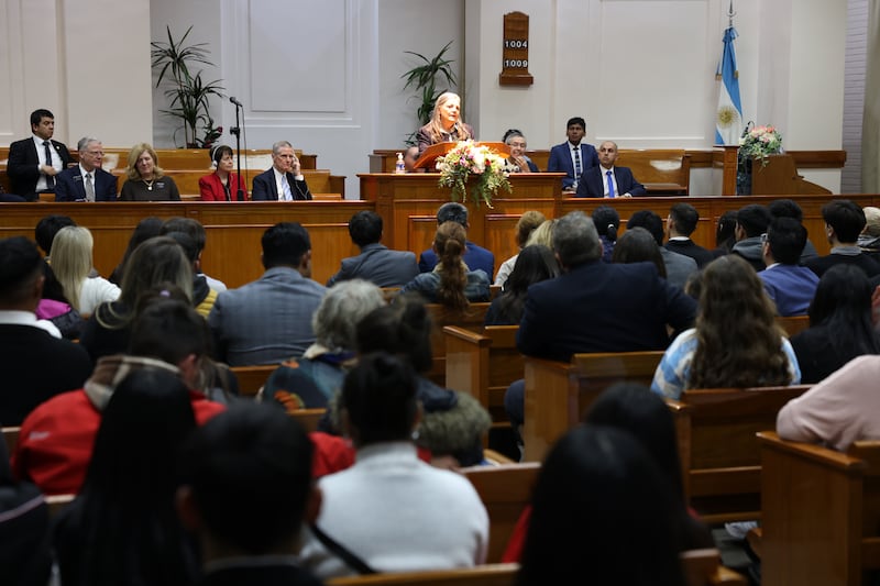 A woman speaks during a special devotional in Buenos Aires, Argentina, on May 19, 2026.