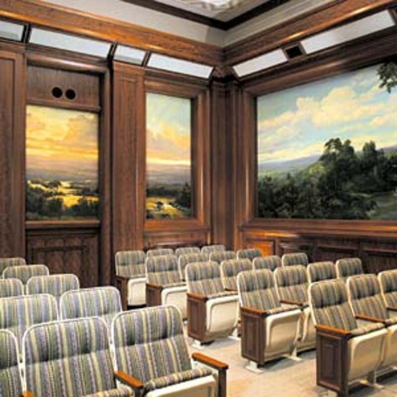 Endowment room features native makore wood and is lined with beautiful murals of Ghanaian countrysid