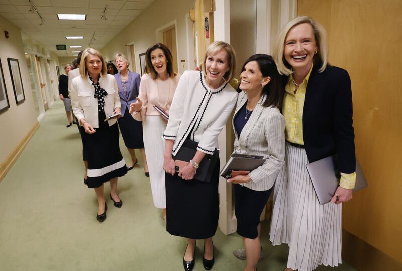 Young Women General President Bonnie H. Cordon, right; Sister Rebecca L. Craven, second counselor in the Young Women general presidency, and Sister Amy A. Wright, second counselor in the Primary general presidency, and other leaders gather together for a meeting at the Relief Society Building in Salt Lake City on Tuesday, May 18, 2021.