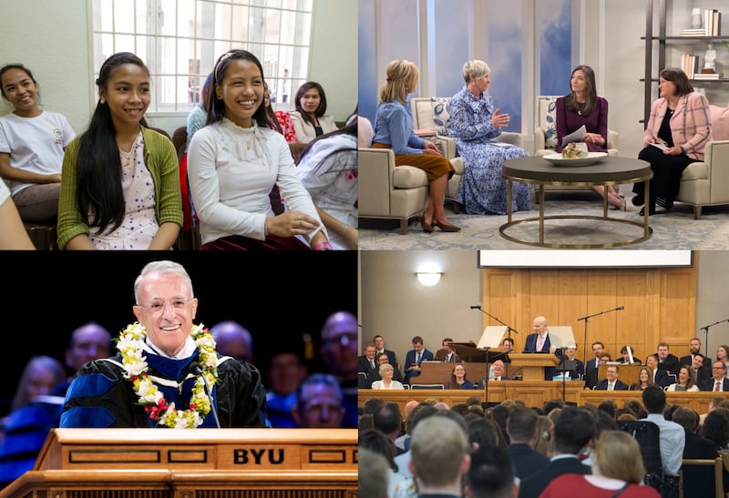 Clockwise from top left: Young women in the Philippines sit in class together and smile; Deseret News editor Sarah Jane Weaver, right, speaks with the Young Women general presidency on Wednesday, April 22, 2026, on the Church News podcast; Elder Dale G. Renlund of the Quorum of the Twelve Apostles speaks at a devotional at the Jordan Institute of Religion in West Jordan, Utah, on Sunday, April 19, 2026; Elder Ulisses Soares of the Quorum of the Twelve Apostles of The Church of Jesus Christ of Latter-day Saints speaks at the graduation ceremony at Brigham Young University in Provo, Utah, on Thursday, April 23, 2026.