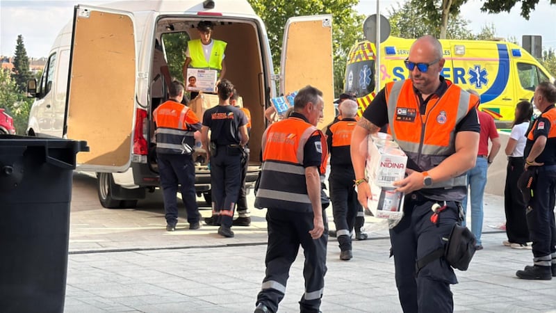 Volunteers from the Godmother Foundation, a Catholic NGO helping people displaced by wildfires, organize food supplies provided by The Church of Jesus Christ of Latter-day Saints to provide for evacuees in Bordeaux, France in July 2026.