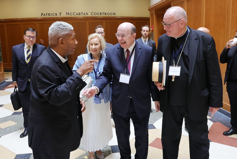 Elder Quentin L. Cook, Sister Mary Cook, Reverend Eugene Rivers and Cardinal Timothy Dolan speak together during the Notre Dame Religious Liberty Summit at the University of Notre Dame in South Bend, Indiana, on Monday, June 28, 2021.