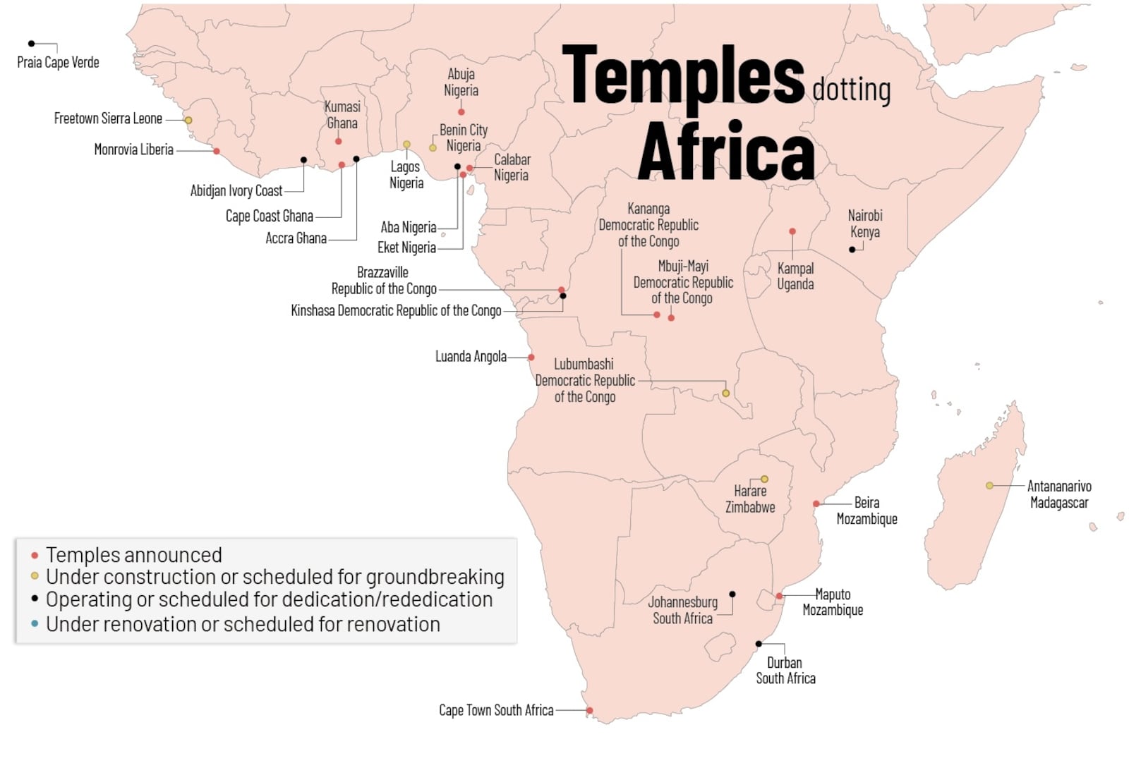 6 maps show the worldwide locations of the Church’s 367 temples ...
