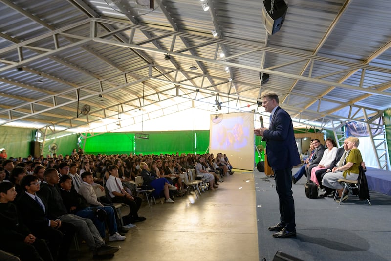 Bishop Sean Douglas, second counselor in the Presiding Bishopric, speaks to youth at a session of For the Strength of Youth conference in Chile on Feb. 12, 2026.