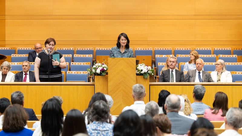 Sister Kristin M. Yee speaks during a devotional in Madrid, Spain, on Sept. 5, 2026.