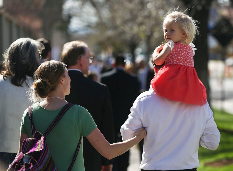 Conferencegoers leave the Conference Center after the Sunday afternoon session of the 189th Annual General Conference of The Church of Jesus Christ of Latter-day Saints in Salt Lake City on Sunday, April 7, 2019.