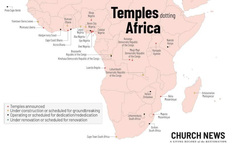 Map shows locations and statuses of temples of The Church of Jesus Christ of Latter-day Saints in Africa as of March 2026.