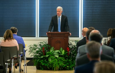 BYU President Kevin J Worthen conducts the meeting prior to Elder Ulisses Soares of the Quorum of the Twelve Apostles speaking and giving the rededication prayer for the Caroline Hemenway Harman Building at BYU in Provo, Utah, on Tuesday, Feb. 5, 2019.
