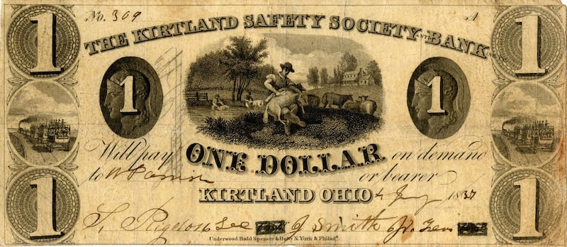 A $1 note from the Kirtland Safety Society coin and currency collection in the Church History Library. It is one of several Kirtland Safety Society documents in the latest volume of the Joseph Smith Papers.