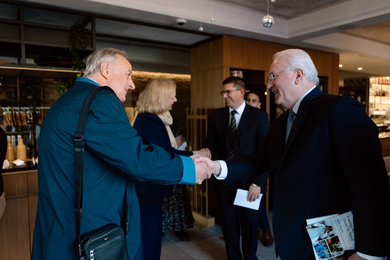 Elder Jack N. Gerard, a General Authority Seventy and first counselor in the Church's Europe Central Area presidency, shakes hands with Heiner Handschin of the Universal Peace Federation in Geneva, Switzerland, on Wednesday, April 15, 2026.