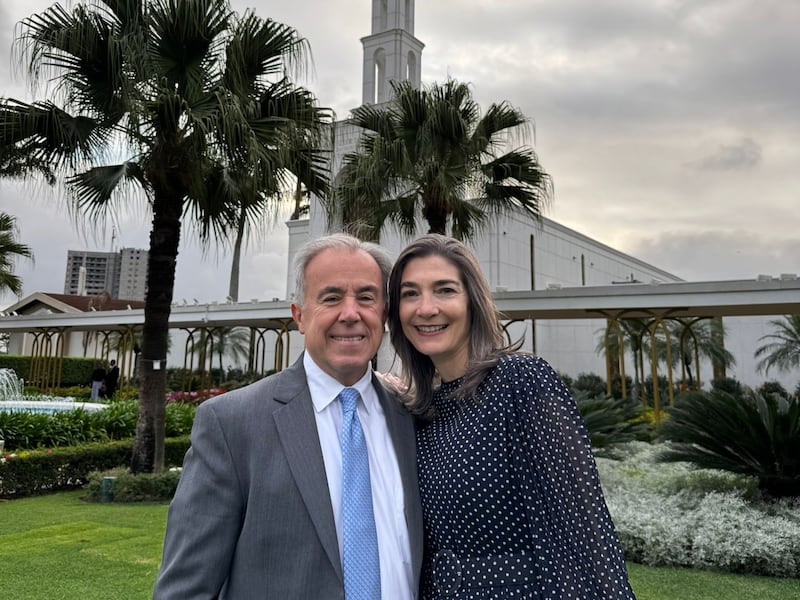 Brother Alin Spannaus and Sister Andrea Muñoz Spannaus pause for a photo together outside the São Paulo Brazil Temple on Friday, May 23, 2025.