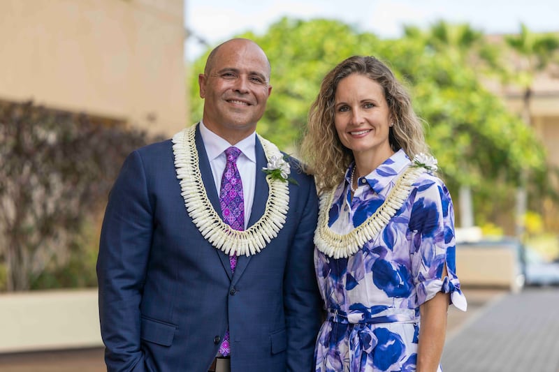 BYU–Hawaii President John S.K. Kauwe III and his wife, Sister Monica Kauwe, pose for a photo prior to speaking together during the opening devotional of fall semester on Tuesday, Sept. 8, 2026.