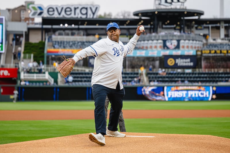 Elder G. Michael Ortiz throws the first pitch before the Kansas City Royals game on Thursday, April 9, 2026.