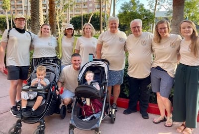 Latter-day Saint open water swimmer Kurt Dickson, kneeling between strollers, was joined by several relatives during his Sept. 8, 2021, swim across the Catalina Channel.