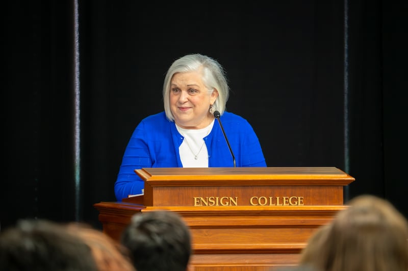 Sister Alynda Kusch speaks during an Ensign Campus devotional in Salt Lake City on Sept. 22, 2026.