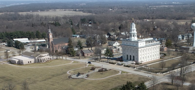 An aerial view of the Nauvoo Illinois Temple and the new Nauvoo Temple Visitors' Center in Nauvoo, Illinois.
