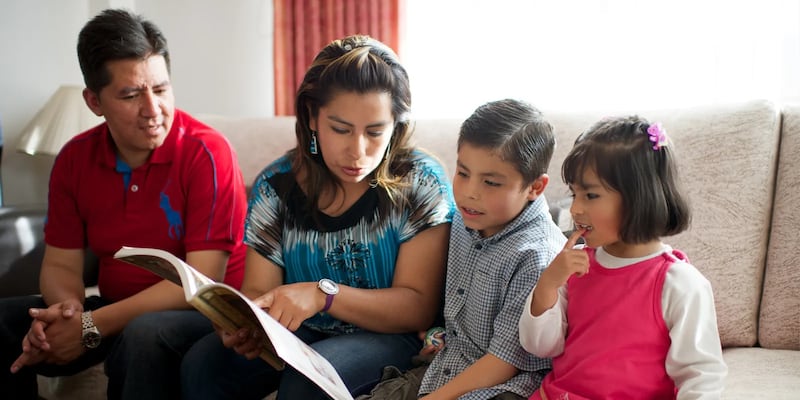 Parents teach their children at home in La Paz, Bolivia.