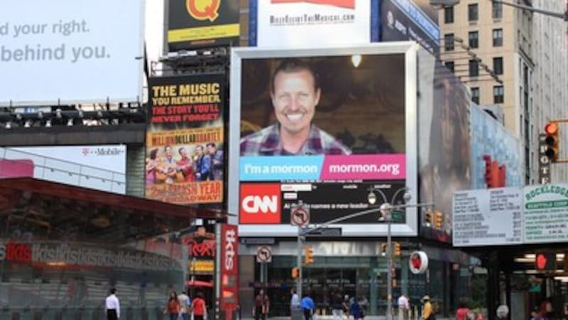 "I'm a Mormon" ad is displayed on video billboard in Times Square, New York City.