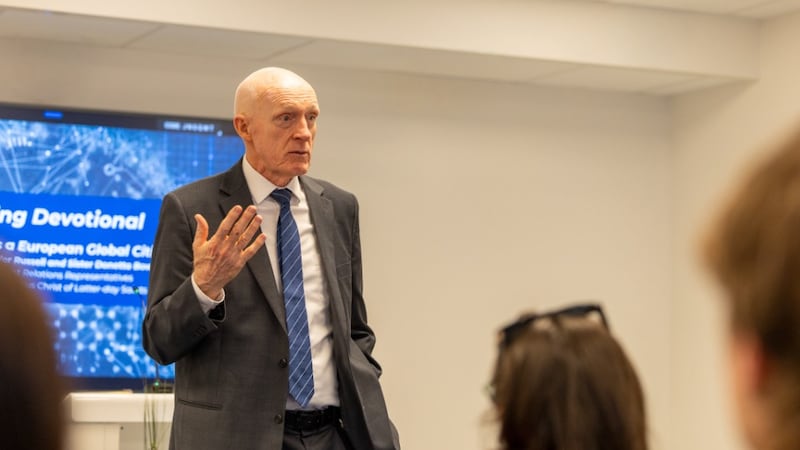 Russell Bowers, Government Relations Representative for the European and International Affairs Office of The Church of Jesus Christ of Latter-day Saints, speaks to participants at the Brussels Nexus Conference on May 14, 2026 in Brussels, Belgium.