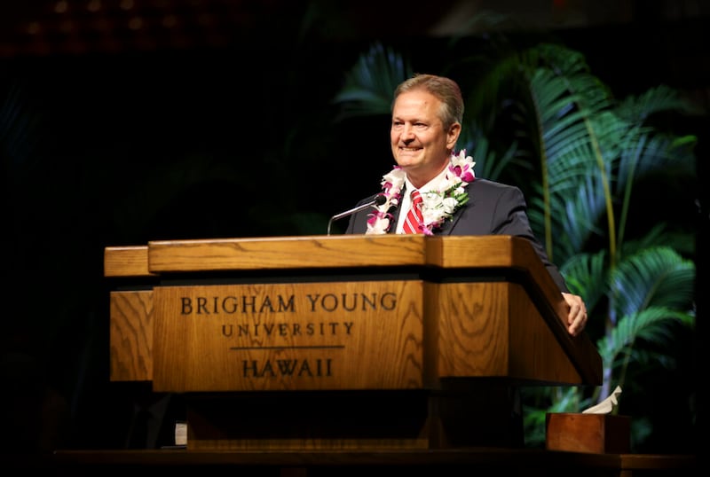 Elder K. Brett Nattress, a General Authority Seventy and first counselor in the Pacific Area presidency, speaks to BYU–Hawaii students during campus devotional in Laie, Hawaii, on Tuesday, Oct. 5, 2021.