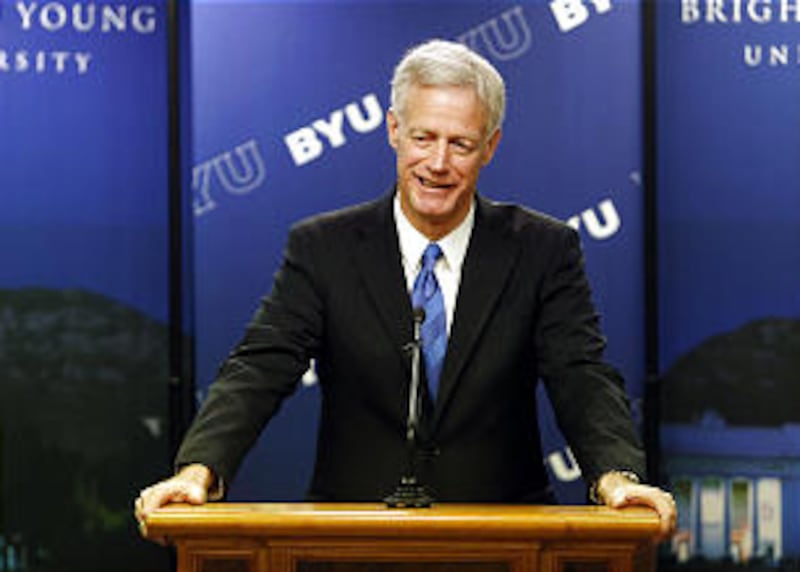 Kevin J Worthen speaks during a press conference in Provo, Tuesday, March 11, 2014, after it was ann