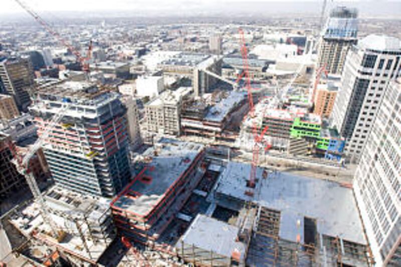 A view looking west from the roof of the Key Bank building of the new City Creek development in down