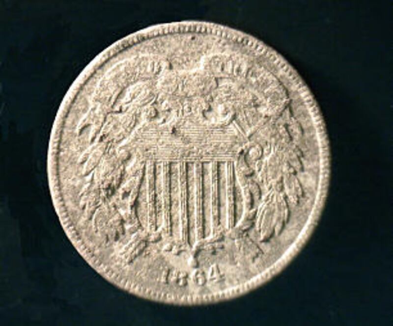 This rare coin is a two-cent piece from 1864. It's worth about ten dollars today.