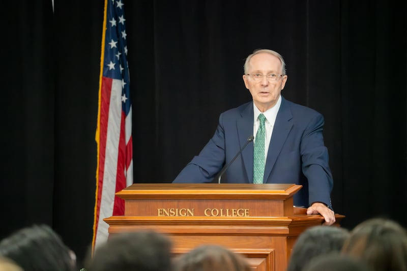 President Bruce C. Kusch speaks during an Ensign Campus devotional in Salt Lake City on Sept. 22, 2026.