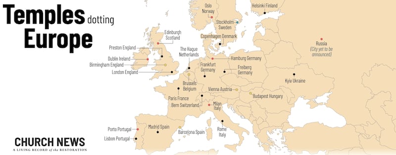 Map of Europe shows locations and statuses of temples of The Church of Jesus Christ of Latter-day Saints.