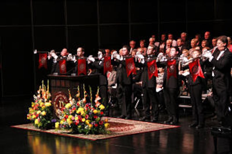 Trumpeters celebrate the new Jeffrey R. Holland Centennial Commons building at Dixie State Universit