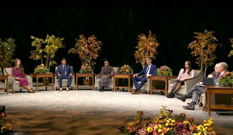Young adults participate in a devotional hosted by Elder Gary E. Stevenson and his wife, Sister Lesa Stevenson on Sunday, Nov. 1, 2020.