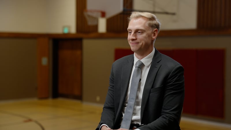 Collegiate and pro basketball player Parker Van Dyke is interviewed in his childhood meetinghouse gym in Salt Lake City for the Church News podcast, airing Tuesday, March 10, 2026.