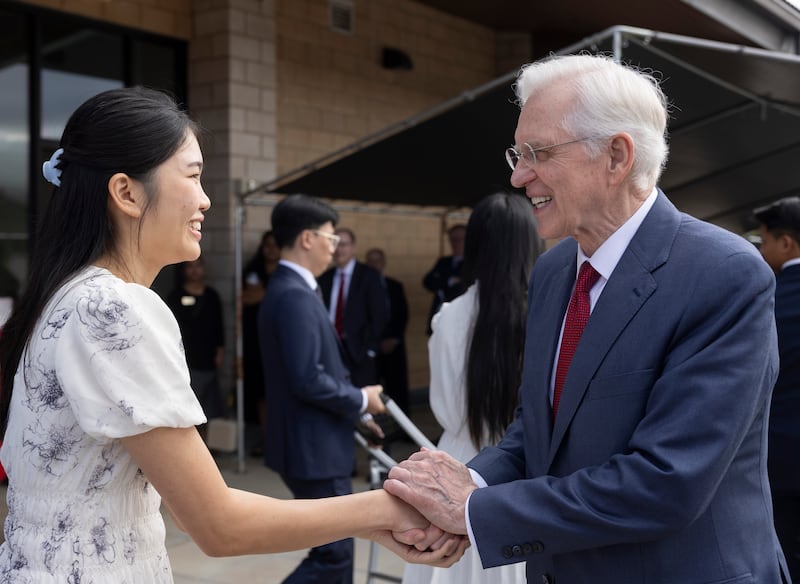 Elder D. Todd Christofferson of the Quorum of the Twelve Apostles greets a BYU-Hawaii student on Jan. 28, 2025.