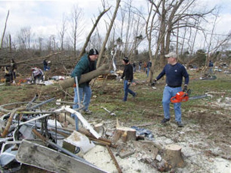 Teams of Indiana members spent Sunday, March 4, utilizing chain saws and muscle to help clear out fa