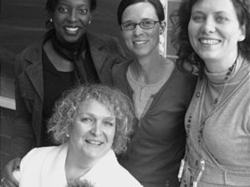 Sisters in the Schwamendingen Ward Relief Society stand together. Top left, Julienna Viegas-Haws, Na