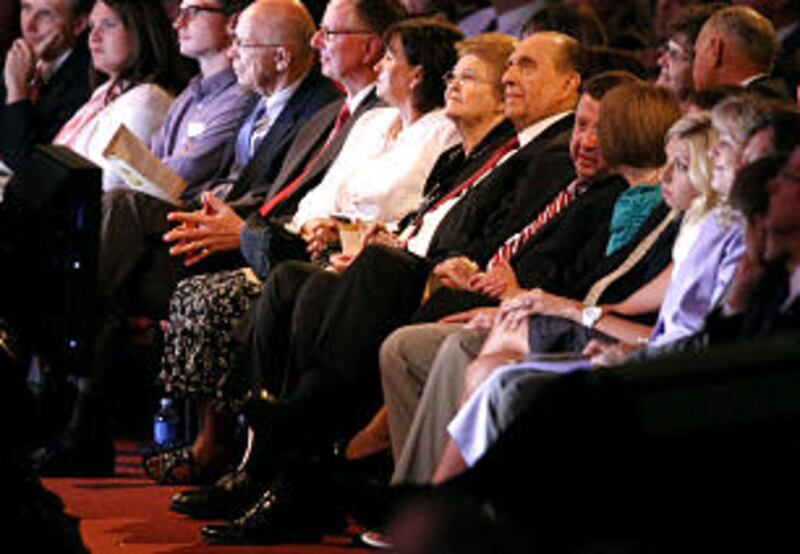 At "Golden Days: A Celebration of Life," President Thomas S. Monson is seated in audience with his w