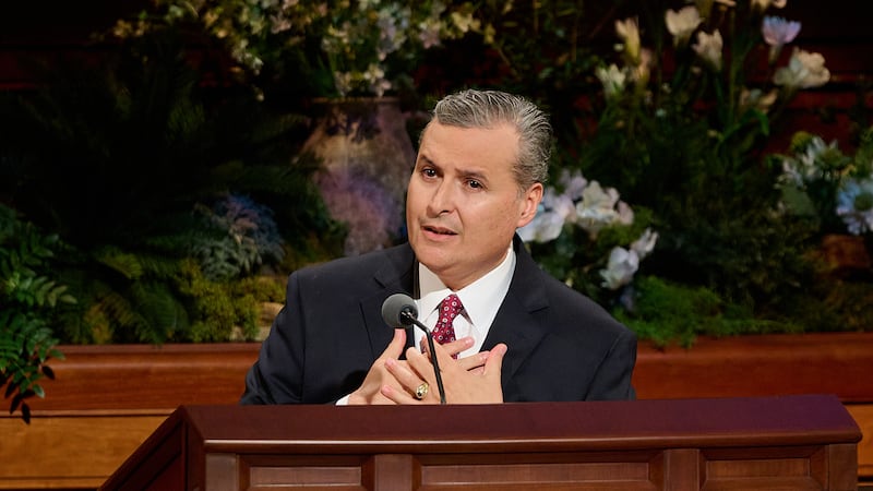 Elder Pedro X. Larreal, General Authority Seventy, speaks during the Sunday morning session of the 196th Annual General Conference of The Church of Jesus Christ of Latter-day Saints in the Conference Center in Salt Lake City on April 5, 2026.