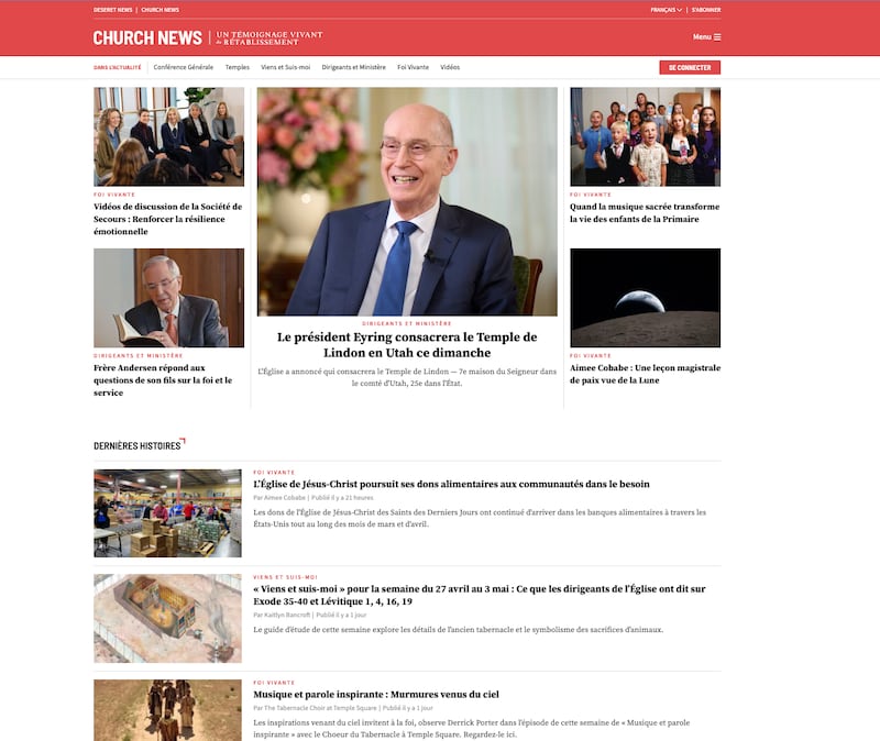 The Church News homepage in French on April 29, 2026.