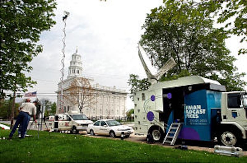 News Media from Salt lake and other surrounding areas set up for live shots after touring the Nauvoo