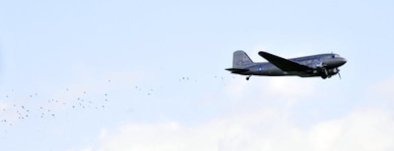 Candies are dropped as symbolic 'Care-Packets' from a DC-3 airplane, also named 'Candy Bomber', over