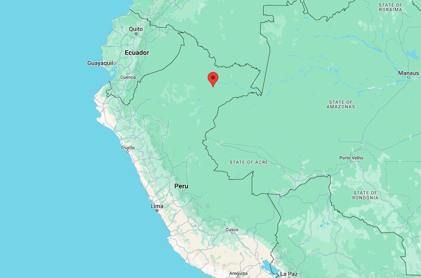 The location of Iquitos in relation to the country of Peru.