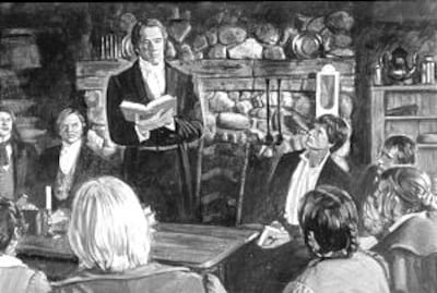 Joseph Smith, in painting by Robert T. Barrett, conducts the meeting where the Church was organized with six original members.