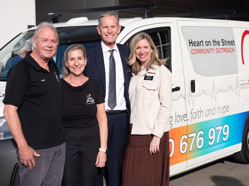 A humanitarian missionary couple stands with two organizers of No Limits Perth in front of a new outreach vehicle in Perth, Australia, Aug, 3, 2026.